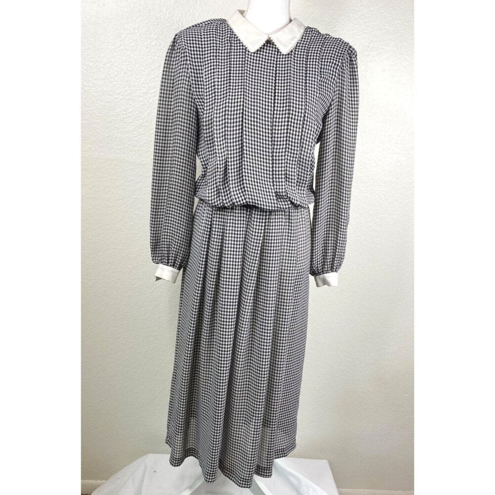 Vintage Liz Roberts Dress Women's Black White Sz 10 Checkered Collar Preppy